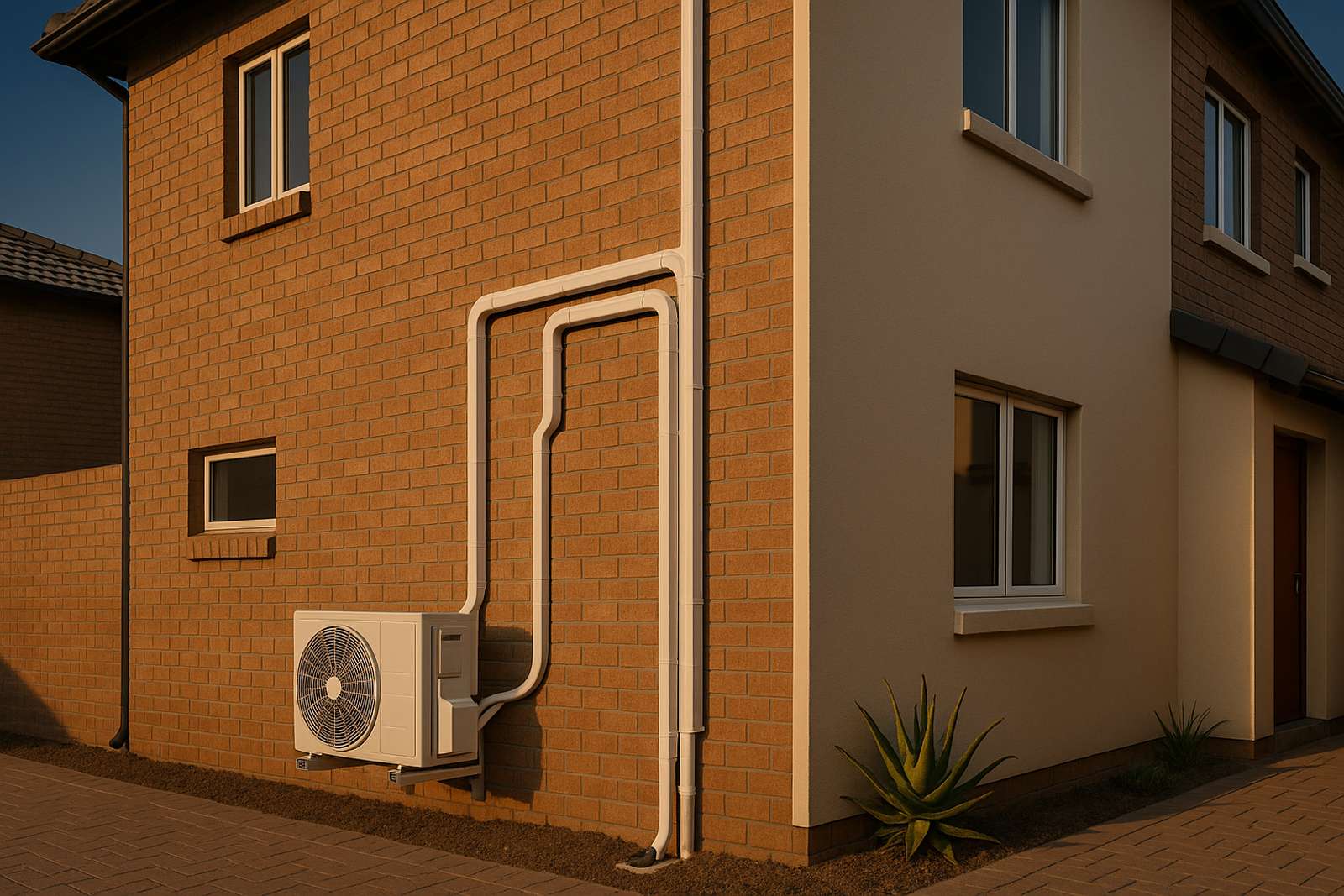 One white multi-split outdoor unit on a townhouse wall with trunking running up to the rooms